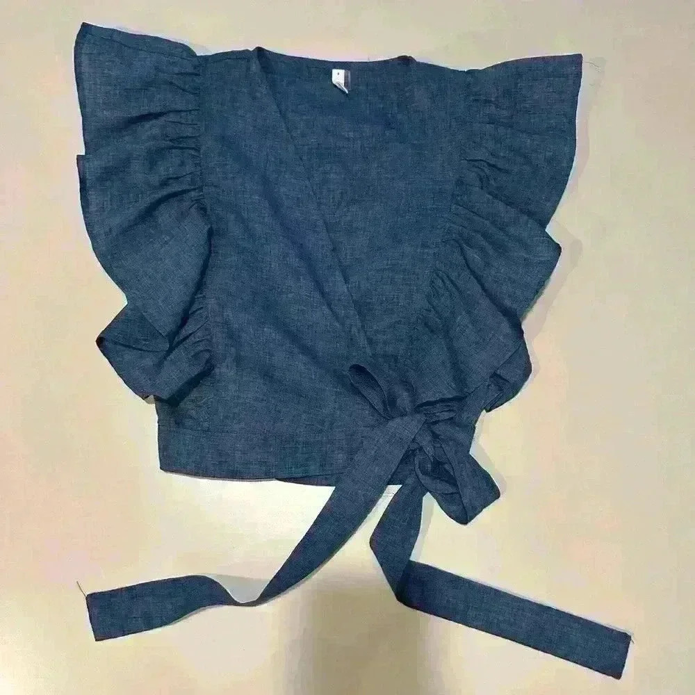 Glam Blue Wrap blouse with Ruffles Size Small